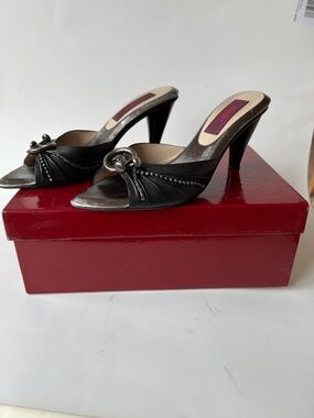 Y2K Kenzo Black Leather Mule Heels Pointed Toe Silver Hardware size 7.5 Italy